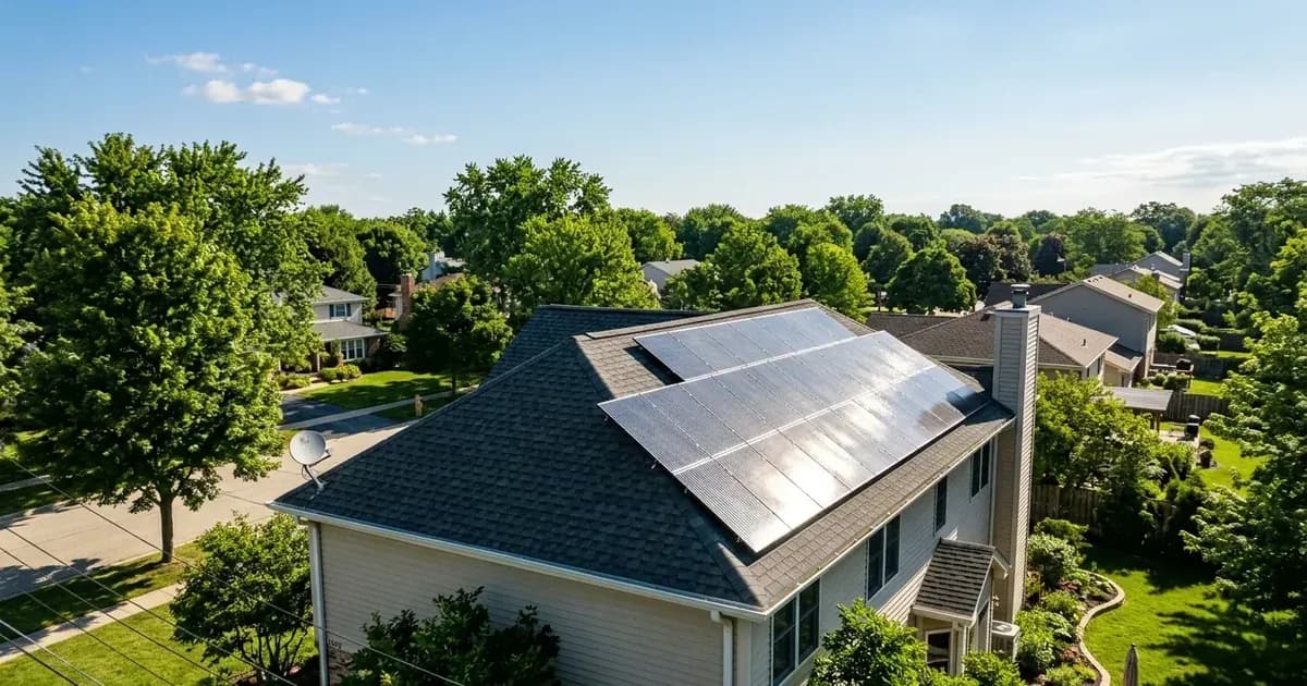 Solar panels glistening in morning sunlight on a suburban home roof in Illinois. — SolarNevs spec card