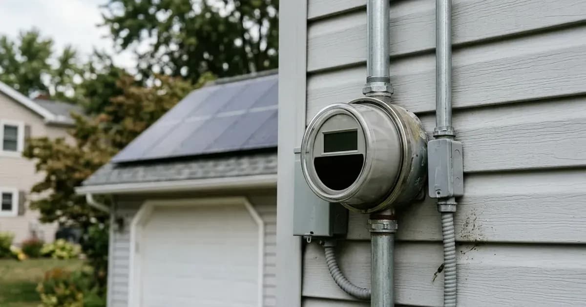 Electric utility smart meter with a blank display on house siding with rooftop solar in the background. — SolarNevs spec card