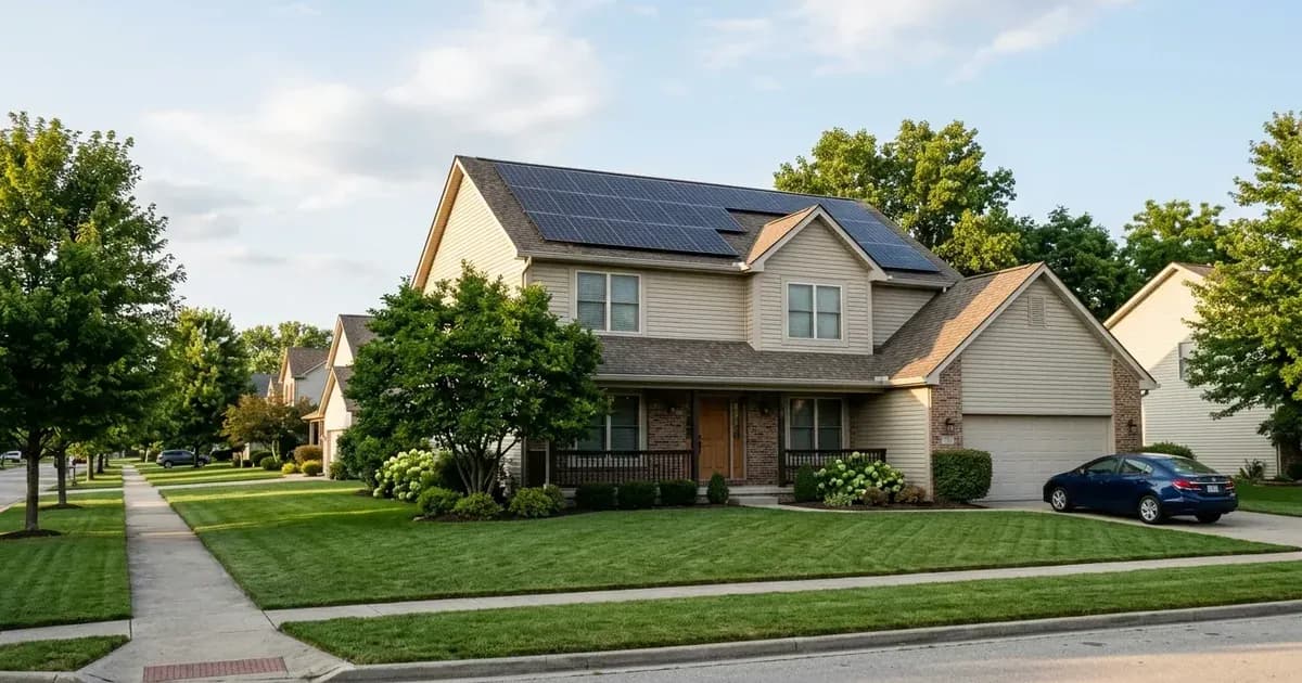 Rooftop solar panel installation on a suburban home in Indiana under clear daytime skies. — SolarNevs spec card