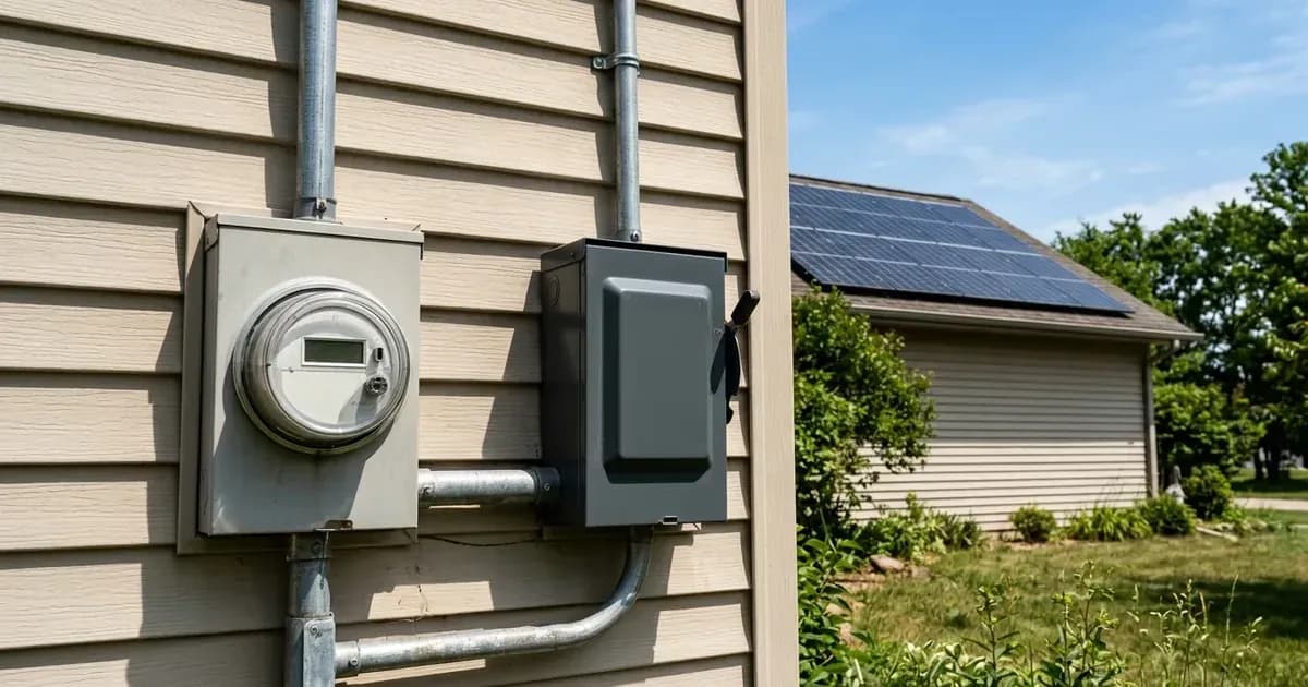 Outdoor electric utility meter and solar disconnect switch on an Iowa residential home. — SolarNevs spec card