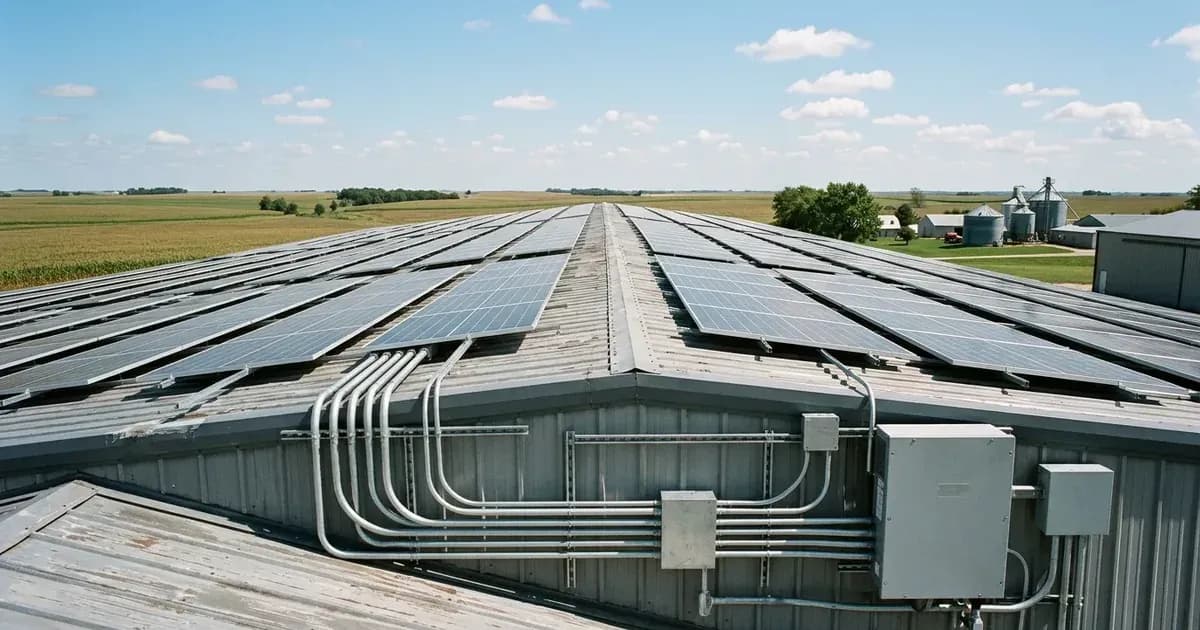 Commercial rooftop solar array and electrical conduit on a metal building roof in rural Iowa. — SolarNevs spec card