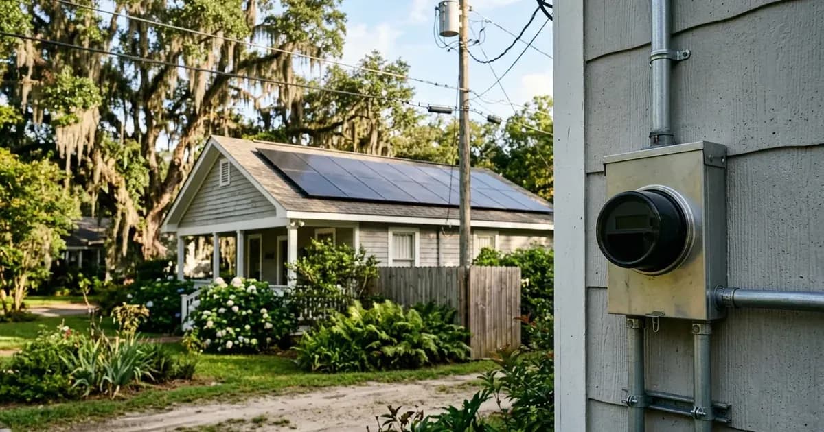 Outdoor electric utility meter foregrounding a solar-powered Louisiana home with oak trees. — SolarNevs spec card