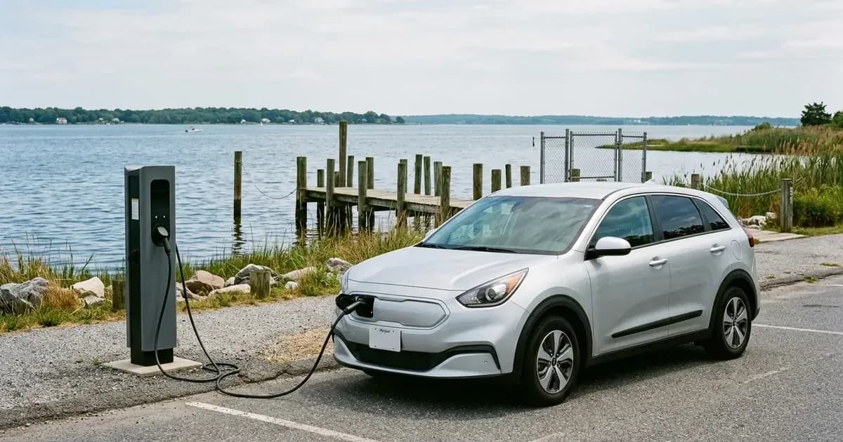 Electric car charging at a waterfront parking area along Chesapeake Bay in Maryland. — SolarNevs spec card
