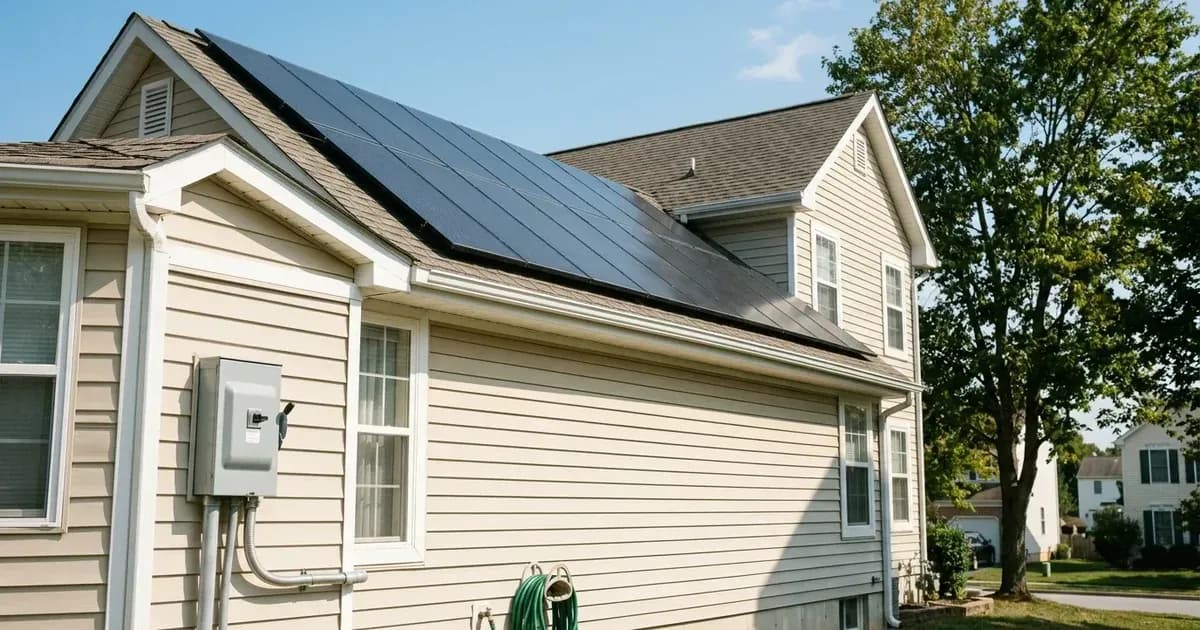 Residential rooftop solar array and exterior AC disconnect switch on a suburban Maryland home. — SolarNevs spec card