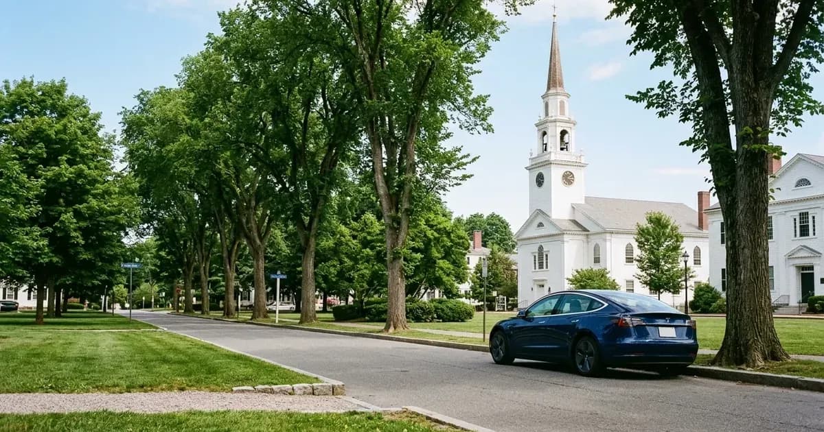 Electric car parked beside a green Massachusetts town common with historic white church steeple. — SolarNevs spec card