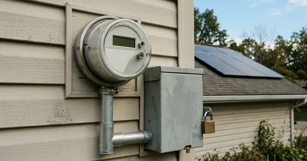Outdoor digital utility meter and disconnect box on a Michigan home with rooftop solar panels. — SolarNevs spec card