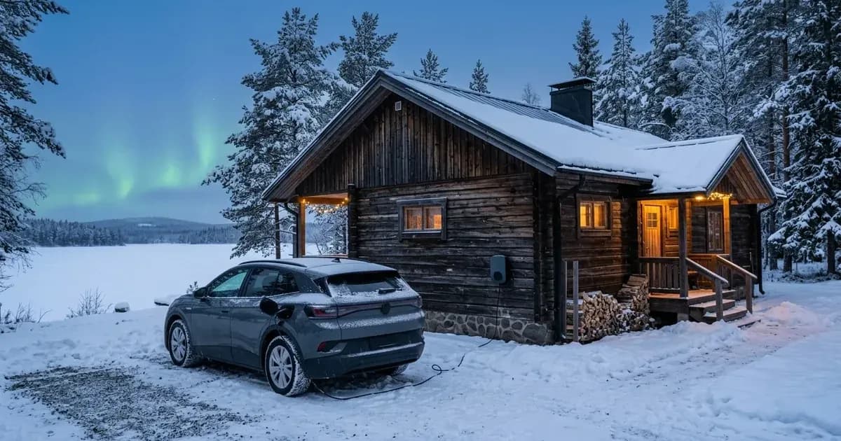 Electric vehicle charging from a wallbox outside a snowy Minnesota cabin under a faint northern lights sky. — SolarNevs spec card
