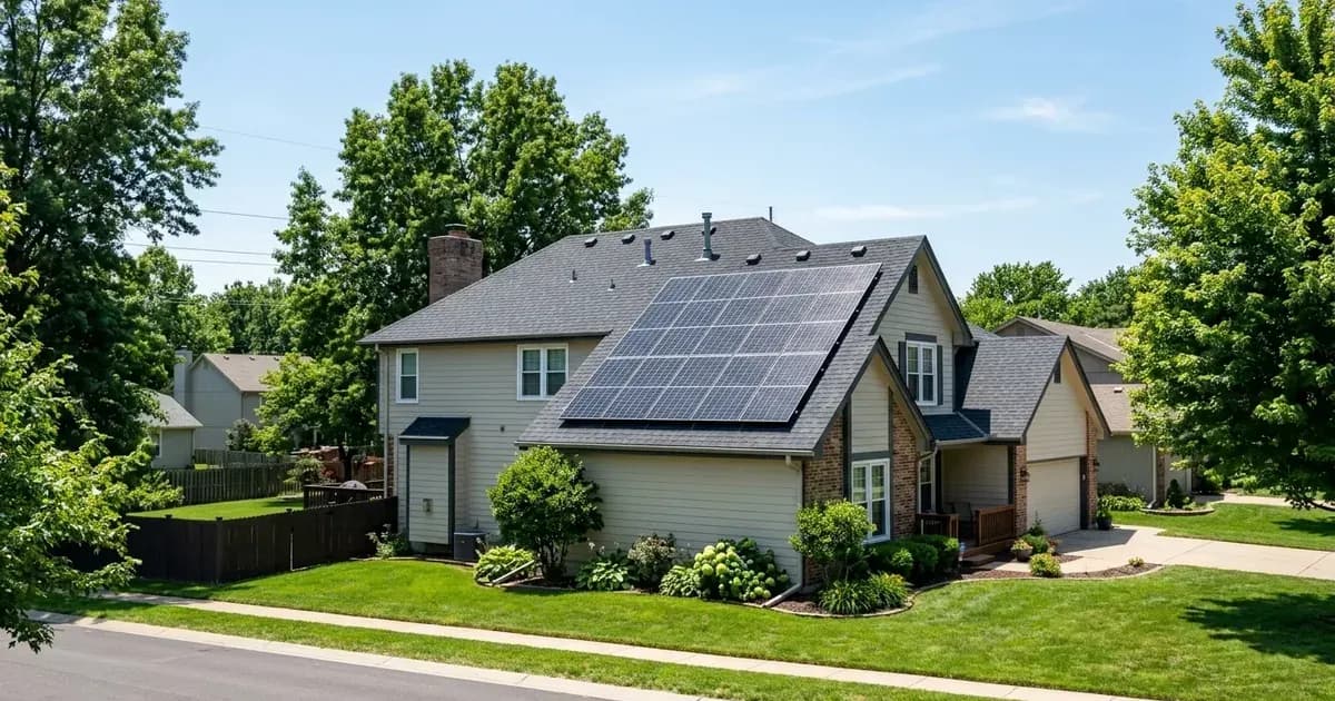 Rooftop solar panel array installed on a suburban two-story home with an asphalt roof under clear skies in Missouri. — SolarNevs spec card