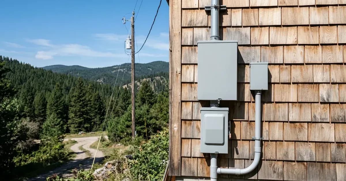 Outdoor electrical service panel and AC disconnect equipment on cedar siding overlooking a Montana mountain valley. — SolarNevs spec card
