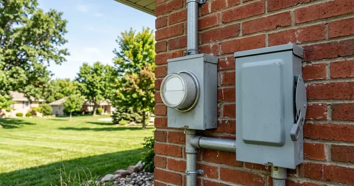 Outdoor electrical service meter and AC disconnect safety switch mounted on a brick suburban home in Nebraska. — SolarNevs spec card