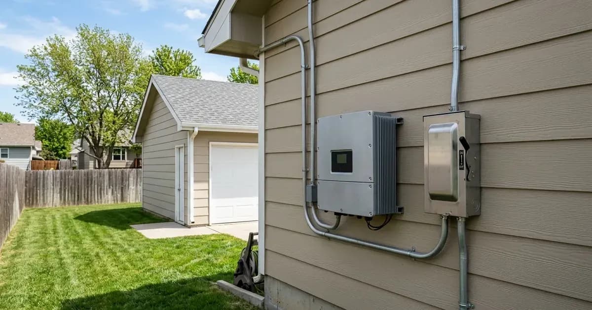 Outdoor wall-mounted solar inverter and AC disconnect switch with metal conduit on a residential garage in Nebraska. — SolarNevs spec card