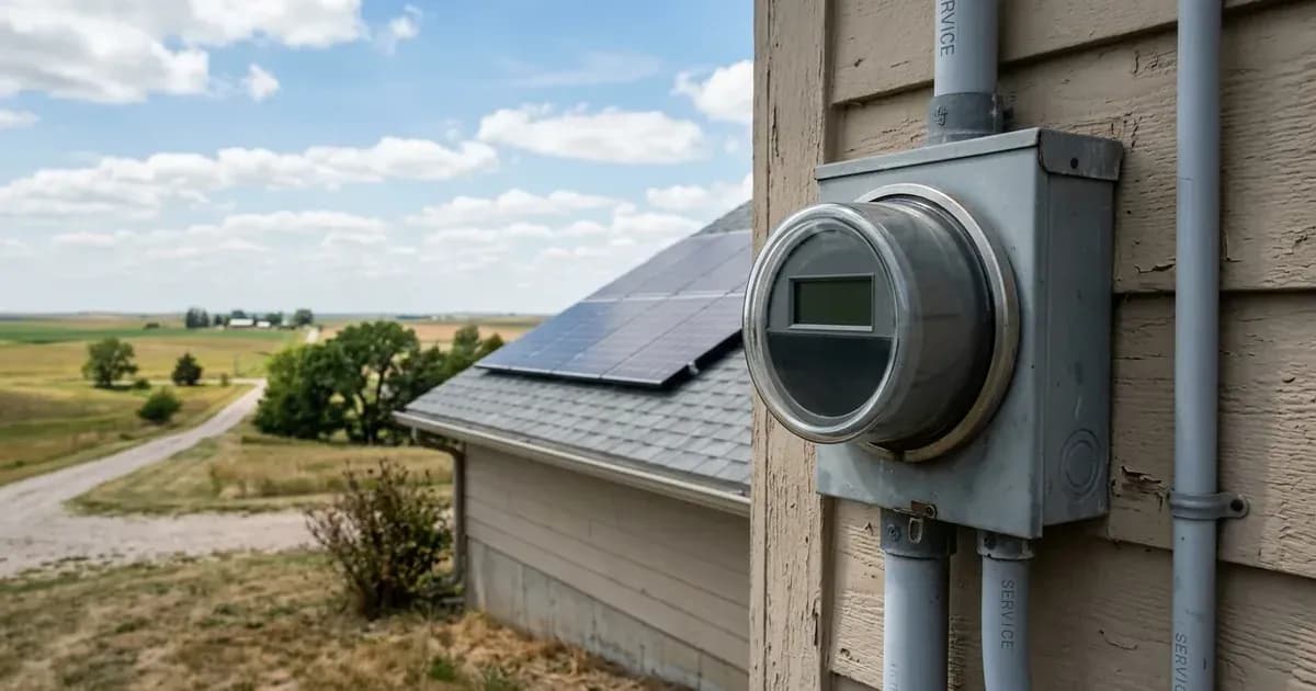 Outdoor electric utility meter on a residential exterior with rooftop solar panels overlooking rural Nebraska plains. — SolarNevs spec card