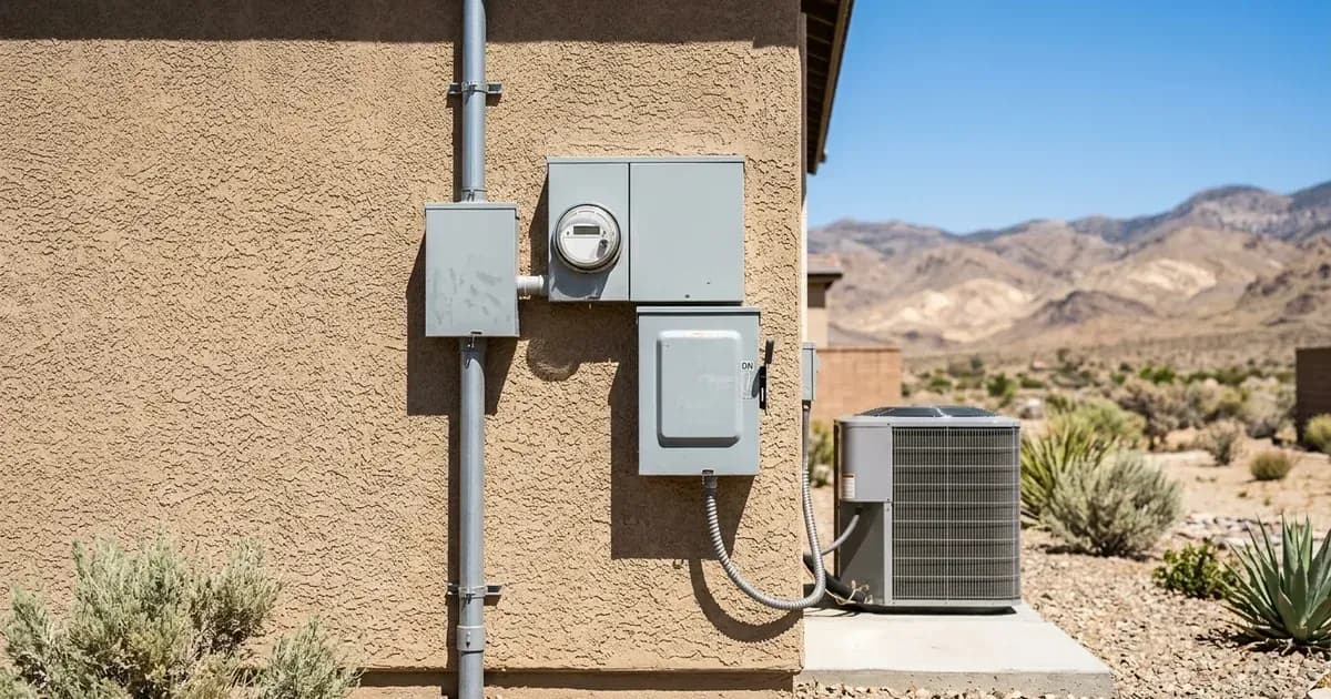 Exterior electrical service meter and AC disconnect switch on a residential stucco home in Nevada. — SolarNevs spec card