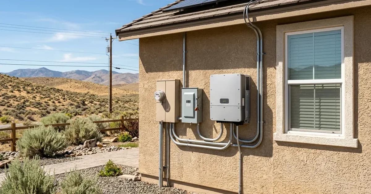Outdoor solar inverter, AC disconnect, and utility meter mounted on stucco wall of a Nevada desert home. — SolarNevs spec card