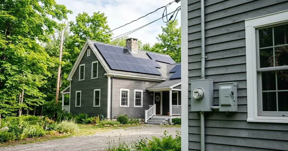 Rooftop solar panels and electric service meter on a New England clapboard home in New Hampshire. — SolarNevs spec card