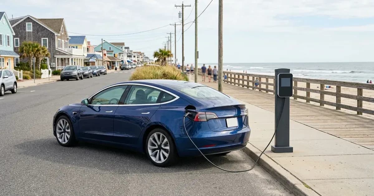Electric car plugged into a public curbside charging station alongside a coastal New Jersey boardwalk. — SolarNevs spec card
