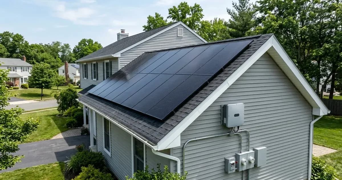 Residential rooftop solar panel array and electrical service equipment on a suburban home under clear skies. — SolarNevs spec card