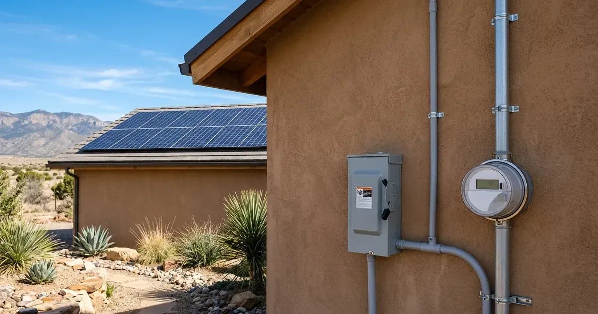Solar utility net meter and AC disconnect mounted on a Southwestern stucco home exterior with rooftop solar panels. — SolarNevs spec card