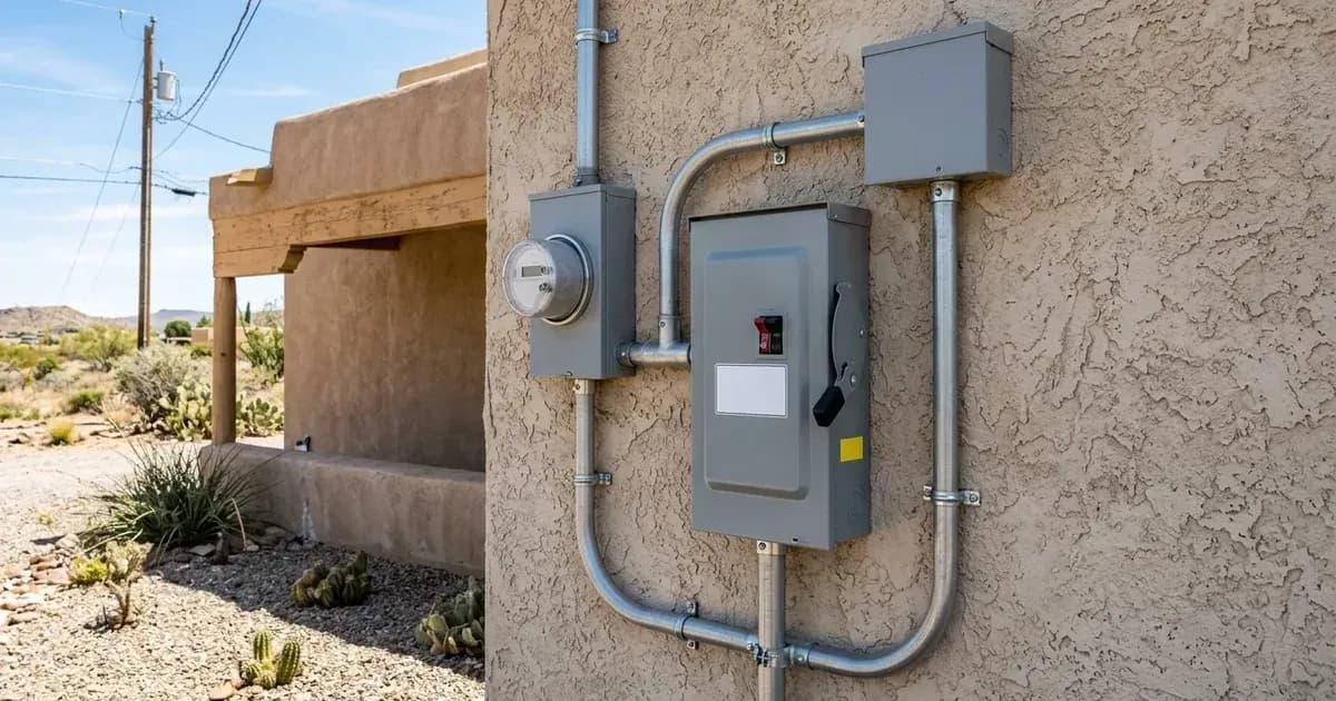 Exterior solar utility interconnection equipment and AC disconnect switch on a New Mexico home. — SolarNevs spec card