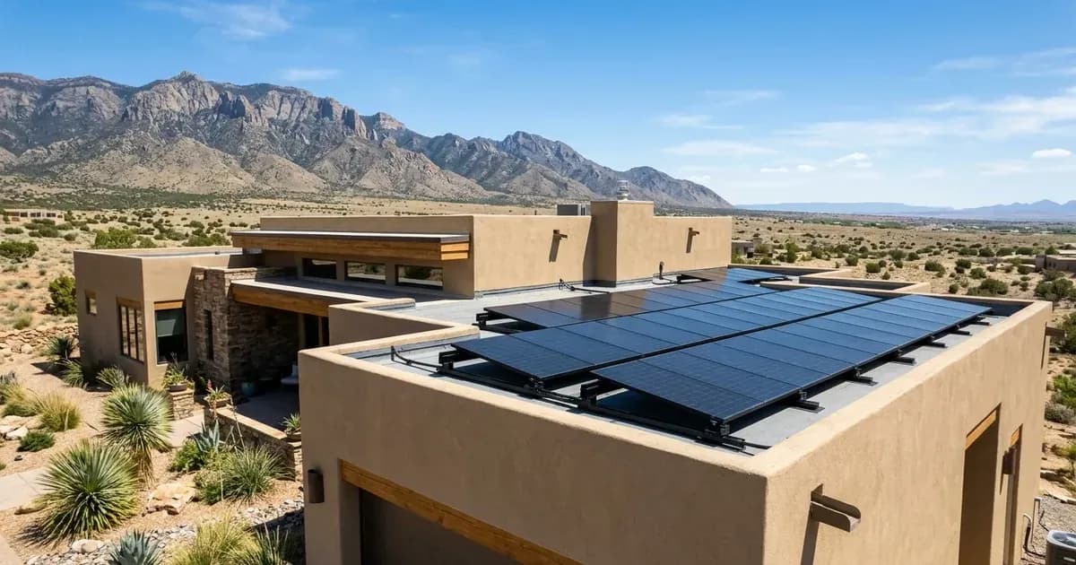 Rooftop solar panels installed on a contemporary Southwestern home with desert mountains in the background. — SolarNevs spec card