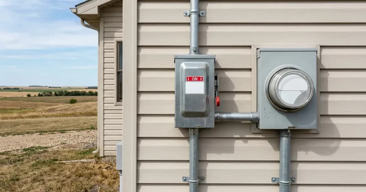 Exterior utility AC disconnect switch and meter base mounted on a home overlooking North Dakota plains. — SolarNevs spec card