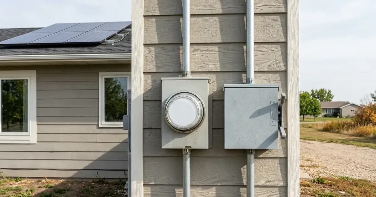 Outdoor solar net meter and AC disconnect switch installed on home siding with rooftop solar panels. — SolarNevs spec card