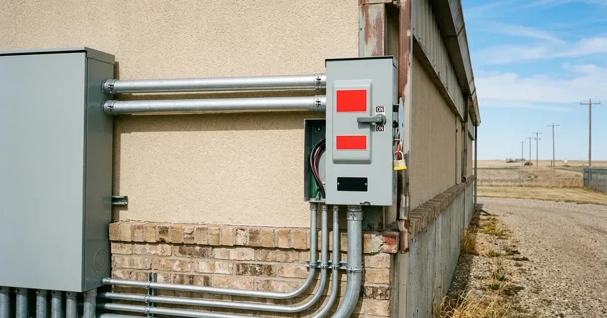 Lockable AC disconnect switch and metal conduit raceways installed on an exterior utility building wall. — SolarNevs spec card