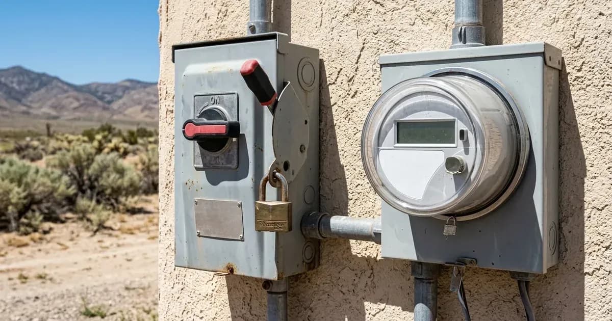 Lockable AC disconnect switch and digital utility meter on an exterior stucco wall in a desert setting. — SolarNevs spec card