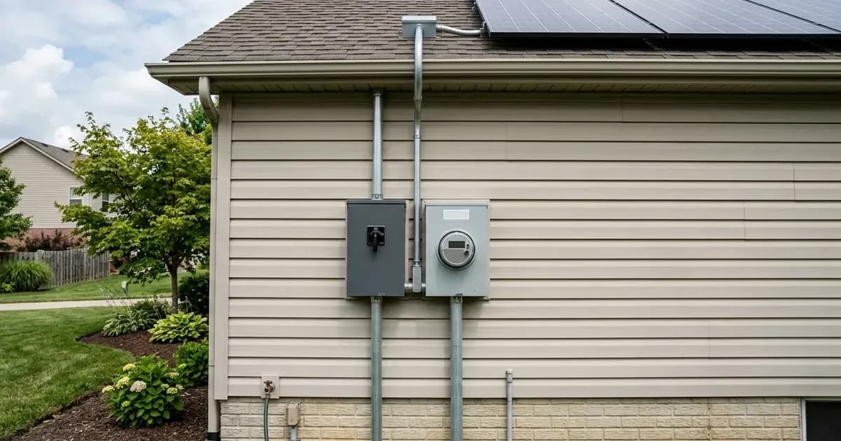 Exterior AC disconnect switch and digital utility meter on home siding with conduit connecting to solar panels. — SolarNevs spec card