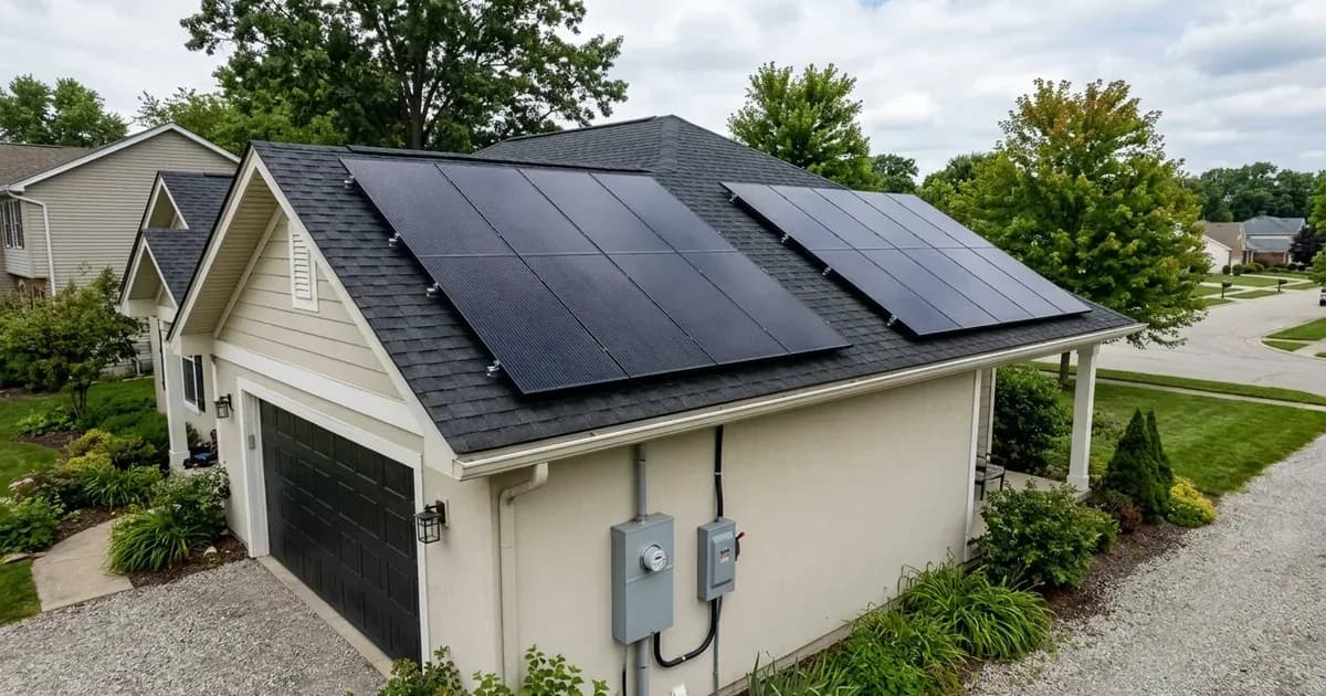 Rooftop solar panel installation on a suburban home with outdoor utility meter and AC disconnect switch. — SolarNevs spec card