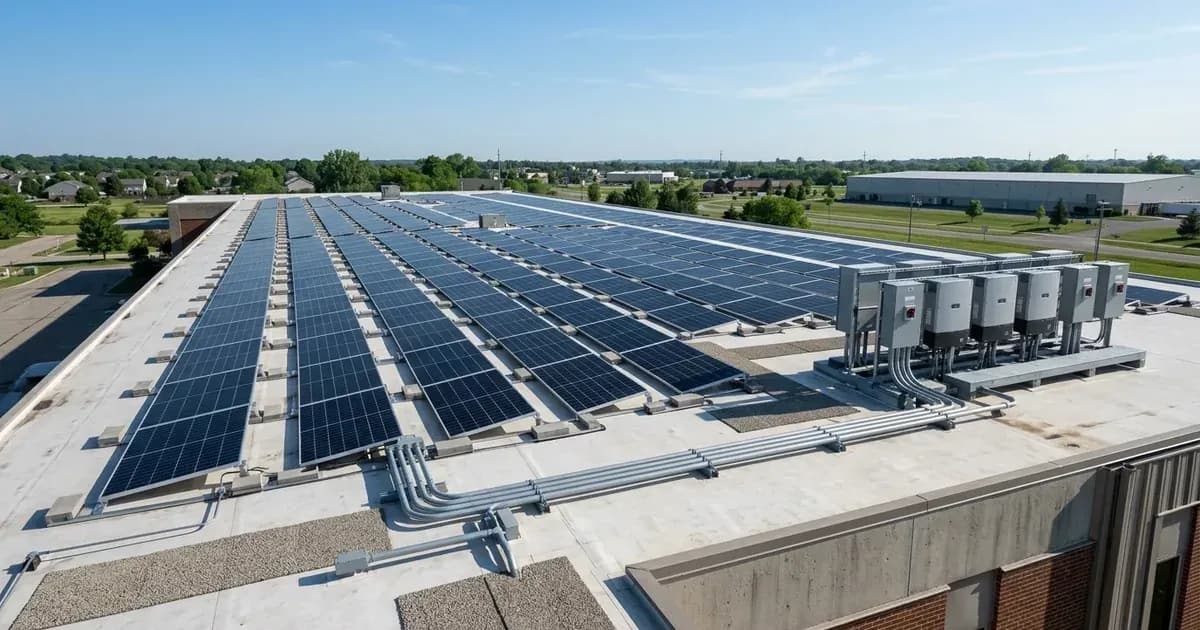 Commercial rooftop solar panel array with inverter station and conduit on a flat building roof. — SolarNevs spec card