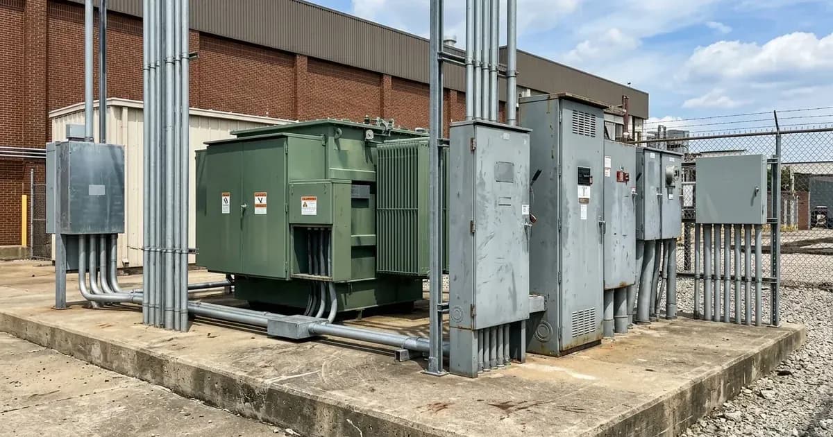 Pad-mounted utility transformer and commercial electrical switchgear at an industrial solar installation. — SolarNevs spec card