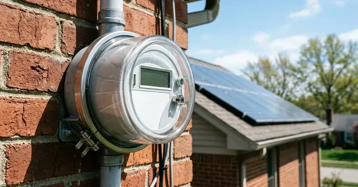 Close-up of a glass-domed solar production electricity meter with rooftop solar panels in the background. — SolarNevs spec card