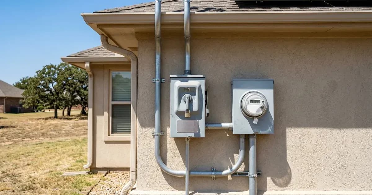 Lockable AC safety disconnect switch, utility meter, and conduit on an exterior home wall. — SolarNevs spec card