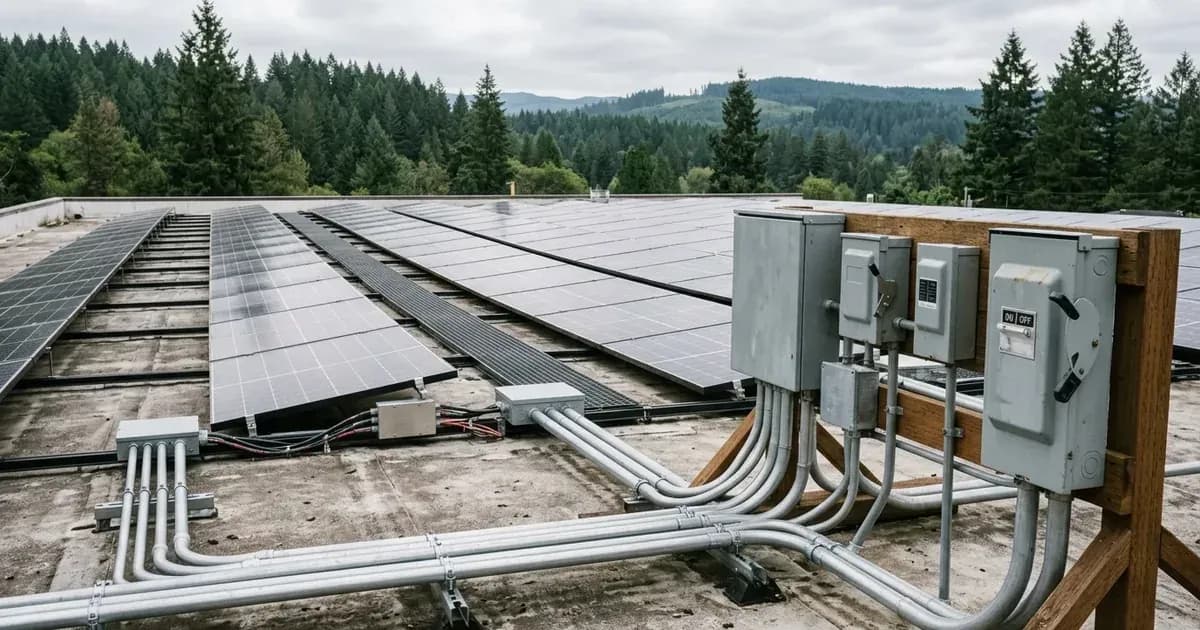 Large solar panel array with exterior utility disconnect and electrical conduit in an Oregon setting. — SolarNevs spec card