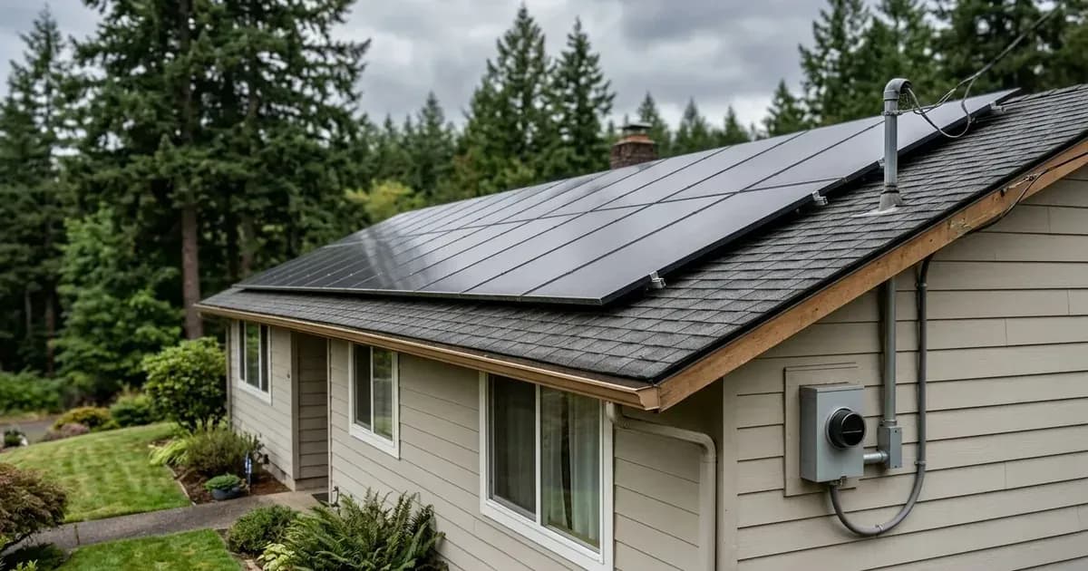 Residential rooftop solar panels and exterior utility electric meter on an Oregon house. — SolarNevs spec card