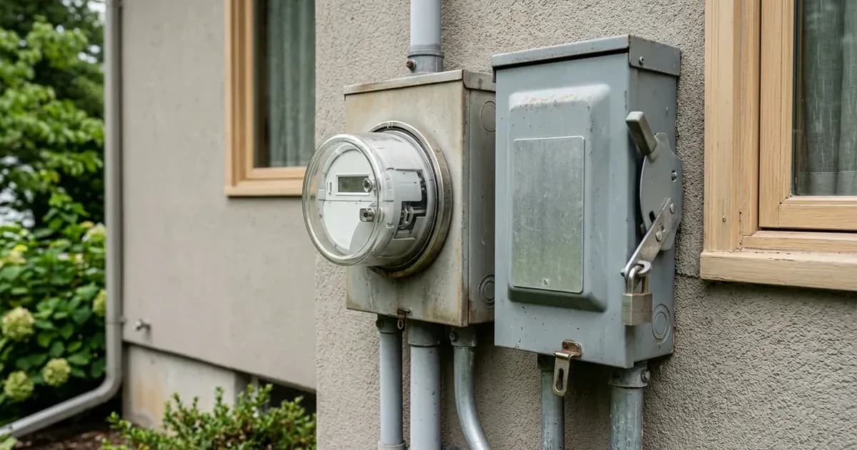 Close-up of utility electric meter and lockable AC disconnect safety switch on a Pennsylvania home. — SolarNevs spec card