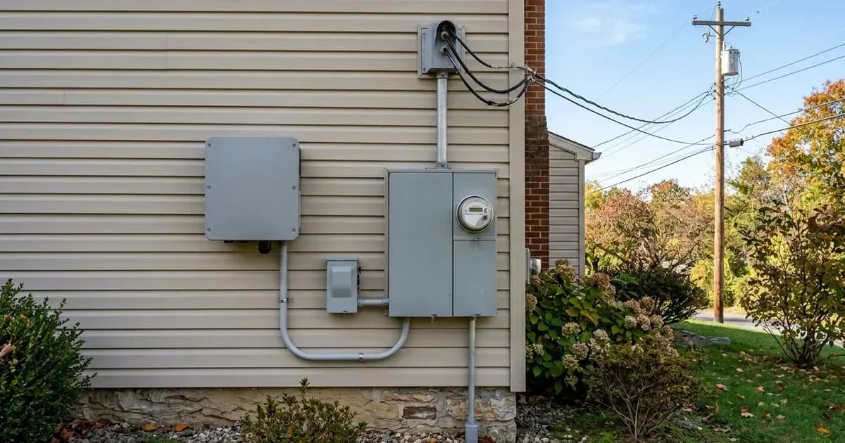 Residential solar inverter and conduit connecting to utility grid service entrance on a Pennsylvania home. — SolarNevs spec card