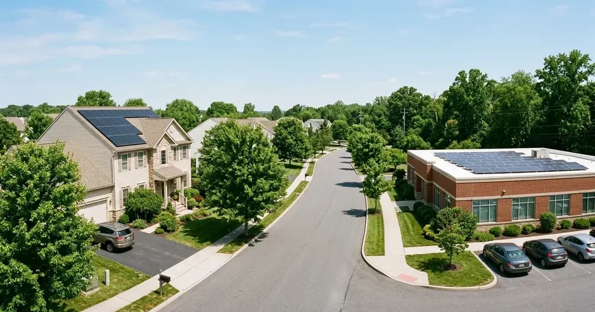 Suburban street with residential rooftop solar array and nearby small commercial solar installation in Pennsylvania. — SolarNevs spec card