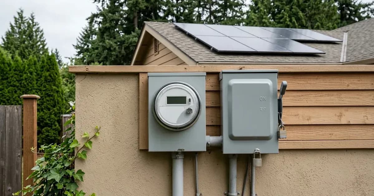 Exterior utility electric meter and lockable AC disconnect switch with rooftop solar panels on an Oregon home. — SolarNevs spec card