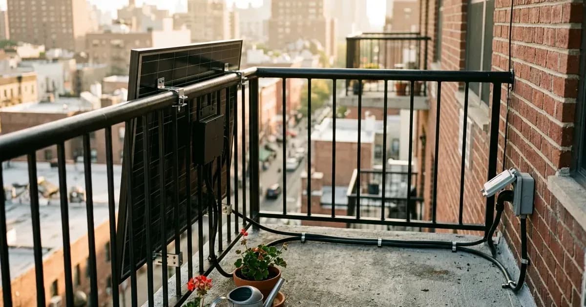 Compact solar panel mounted to an apartment balcony railing with cable connected to an outdoor outlet. — SolarNevs spec card