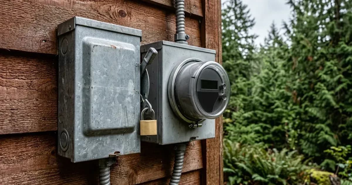 Utility-accessible AC disconnect switch and electric smart meter mounted on exterior siding in Washington State. — SolarNevs spec card