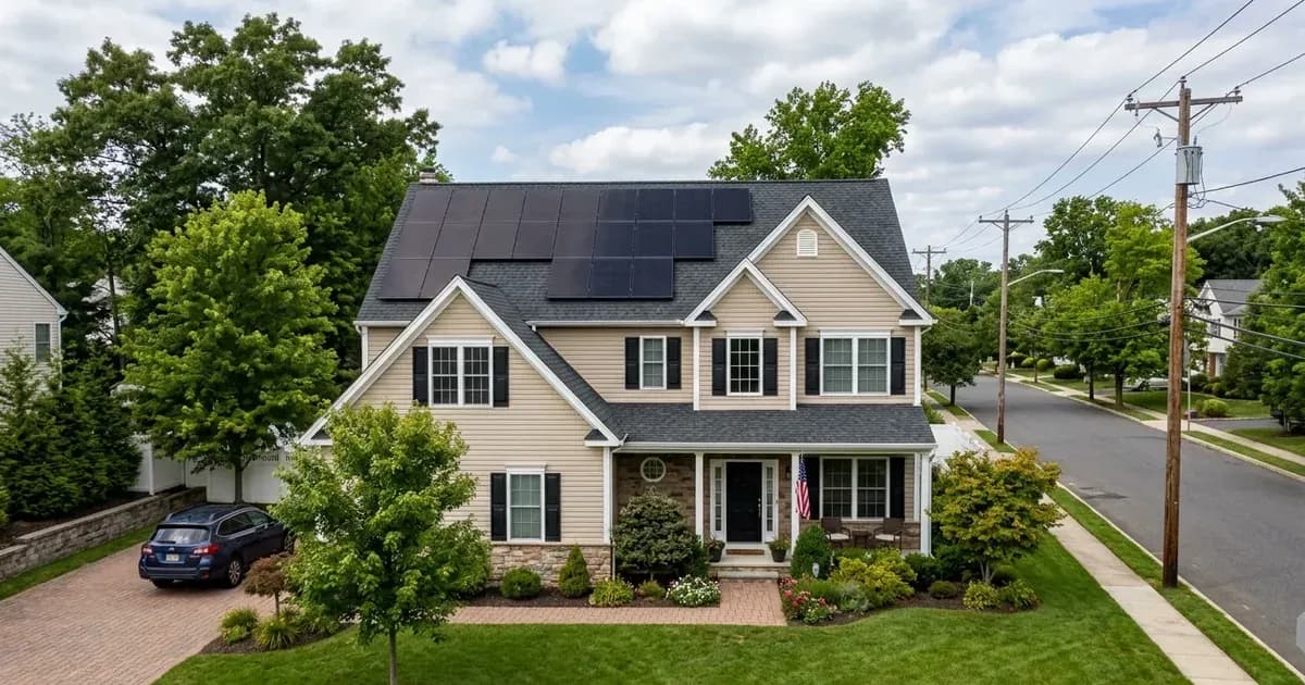 Residential rooftop solar array on a suburban New Jersey home with utility power lines in the background. — SolarNevs spec card