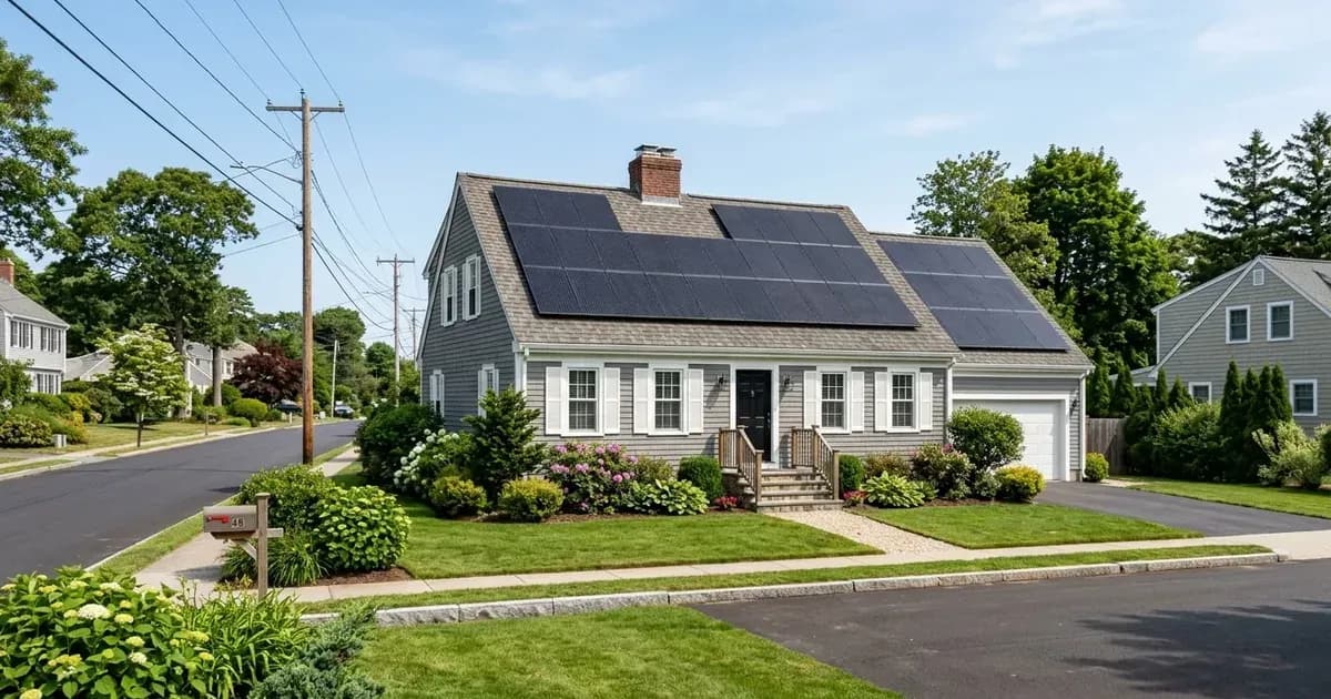 Residential rooftop solar array on a suburban Rhode Island home with utility power lines in the background. — SolarNevs spec card