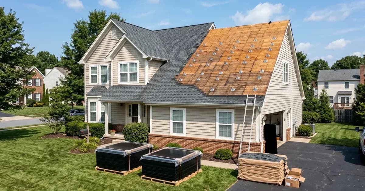 Residential roof during re-shingling with solar panel mounting brackets on decking and panels stacked below. — SolarNevs spec card