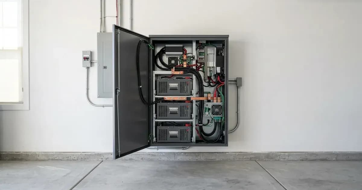 Modular residential home battery storage system mounted on a garage wall displaying internal components. — SolarNevs spec card