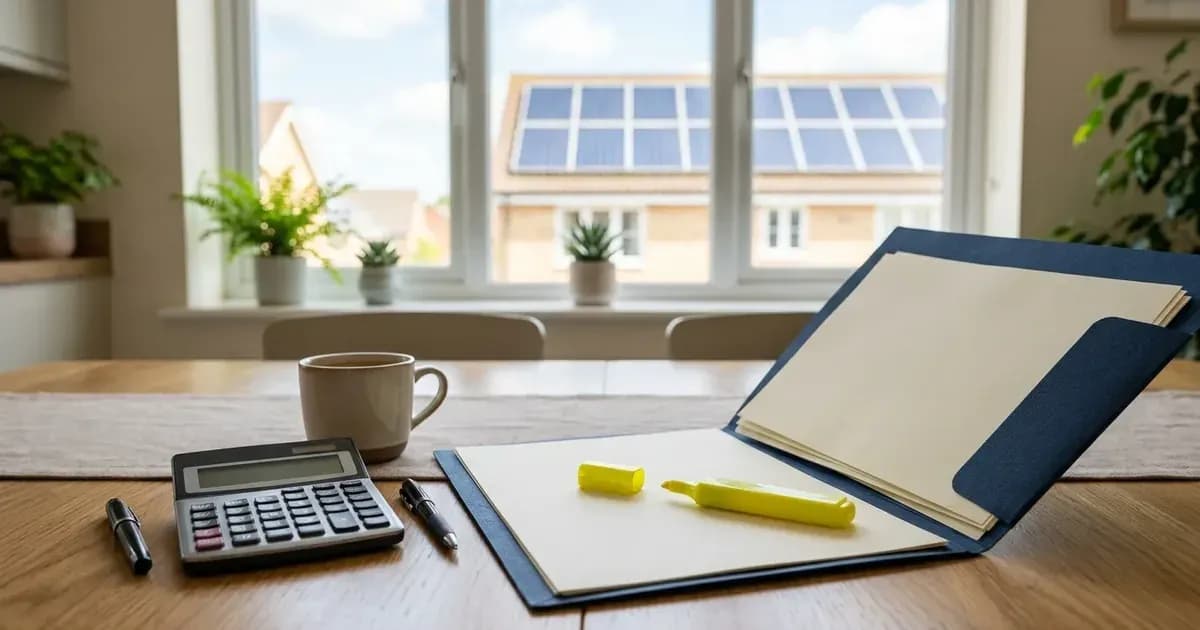 Document folder, highlighter, and calculator on a table with rooftop solar panels visible through the window. — SolarNevs spec card