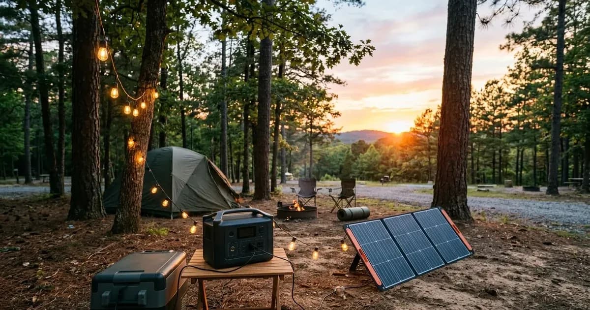 Portable power station and folding solar panel at a campsite at sunset, powering camping lights and a cooler. — SolarNevs spec card