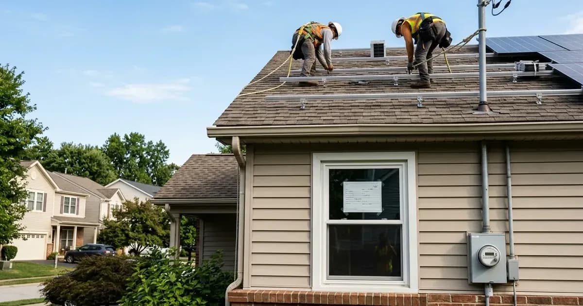 Installers mounting rails on a residential roof with a permit notice visible in the window below. — SolarNevs spec card