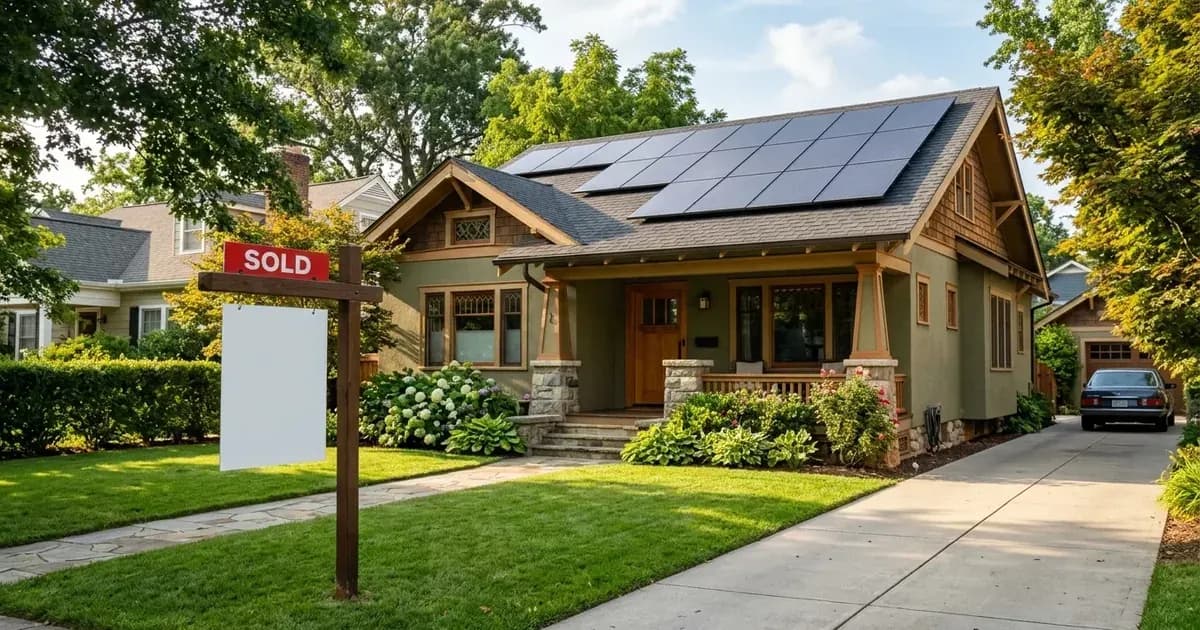 A sold real-estate sign in the lawn of a craftsman house with rooftop solar panels. — SolarNevs spec card
